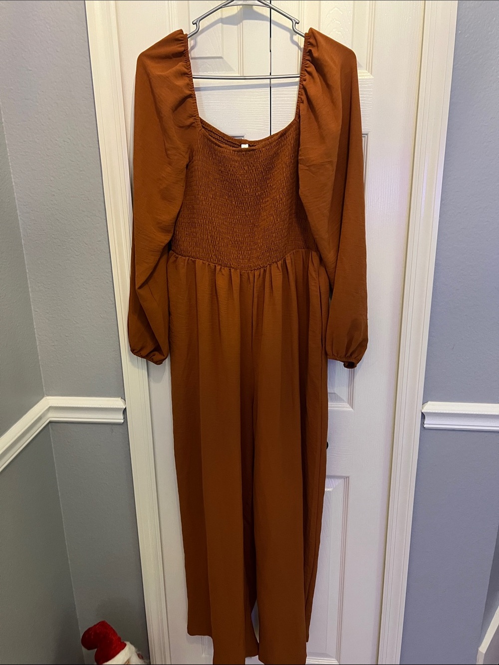 Smocked Square-Neck Long Sleeve Midi Dress in Rust